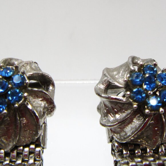 Vintage blue rhinestone silver tone ribbons unisex wrap cufflinks - Picture 7 of 7